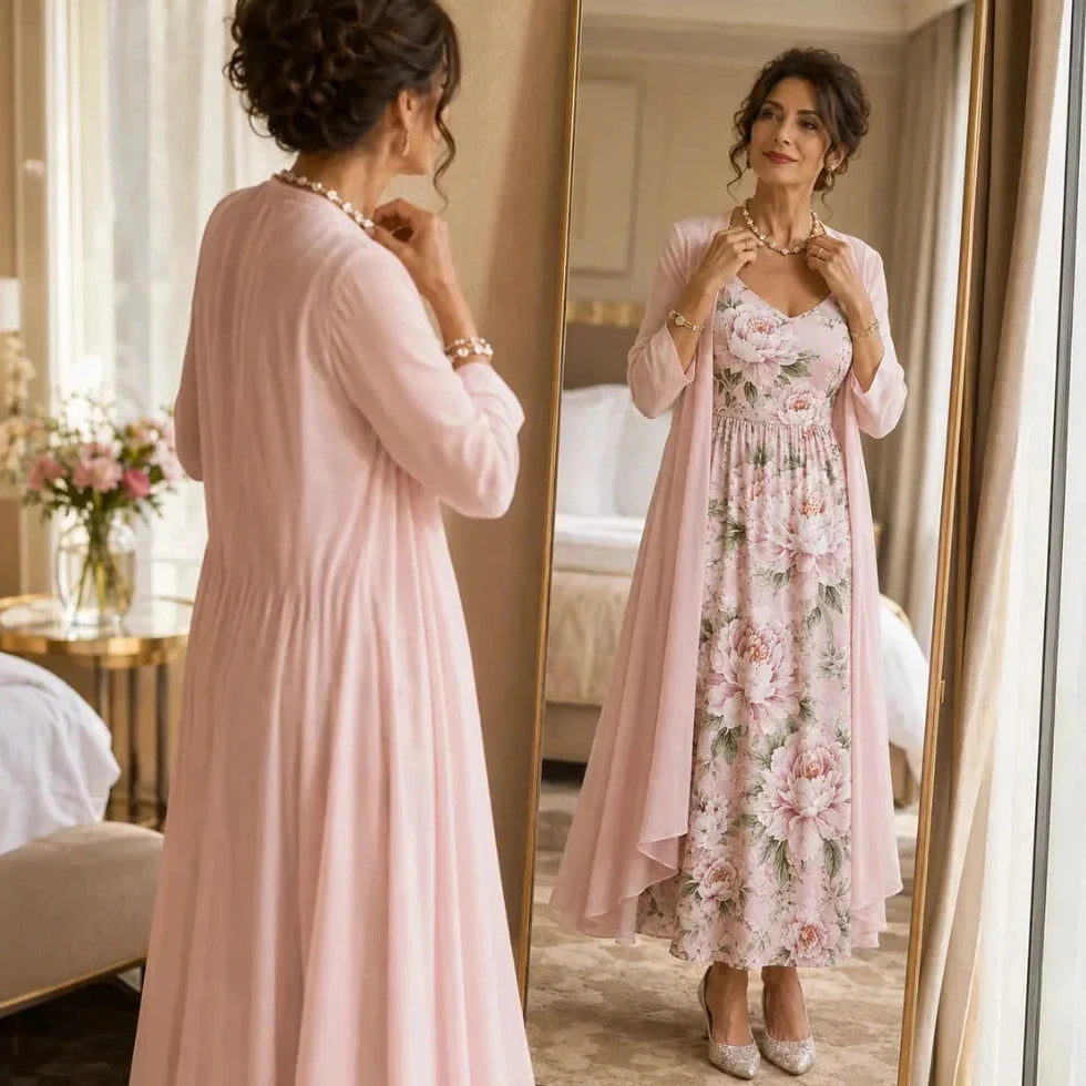 Floral Maxi Dress Two-Piece Set with Sheer Chiffon Duster for Women