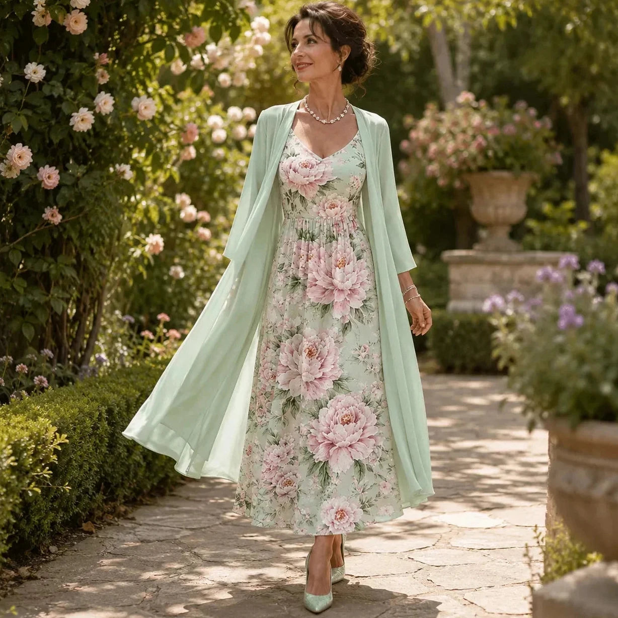 Floral Maxi Dress Two-Piece Set with Sheer Chiffon Duster for Women