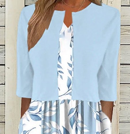 Women's Floral Midi Dress with Bolero Jacket, Leaf Print A-Line