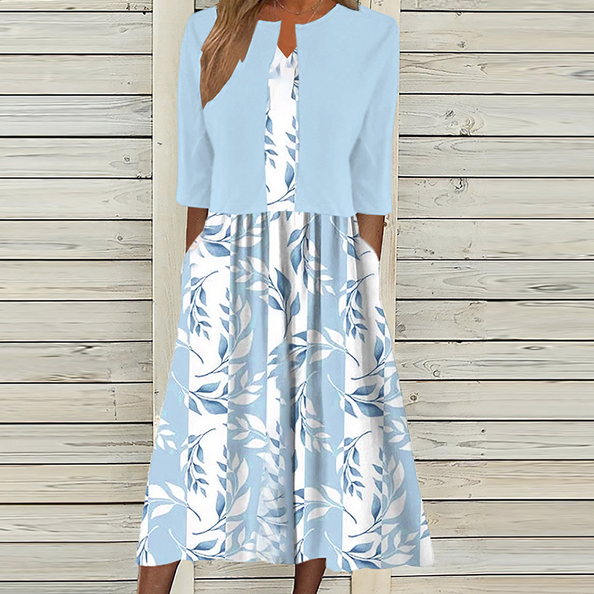 Women's Floral Midi Dress with Bolero Jacket, Leaf Print A-Line