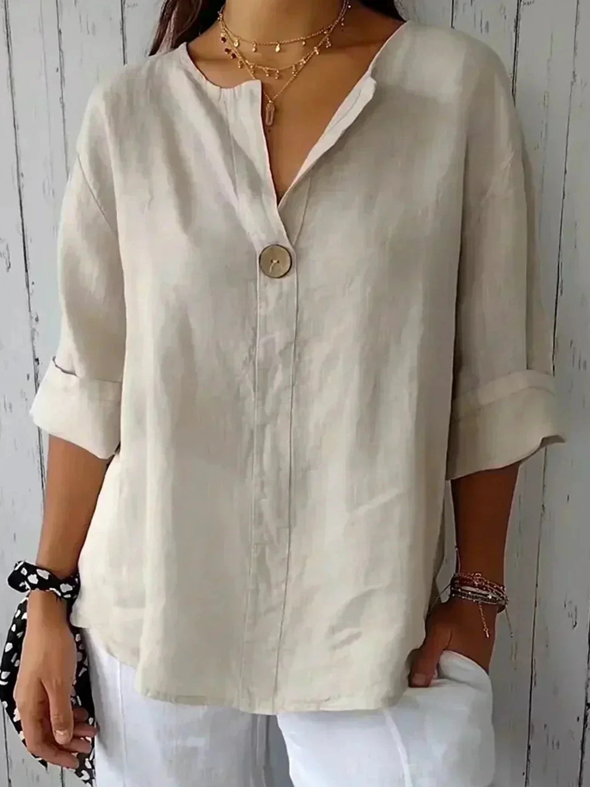Womens Casual Blouse with V-Neck, 3/4 Sleeves and Linen Look