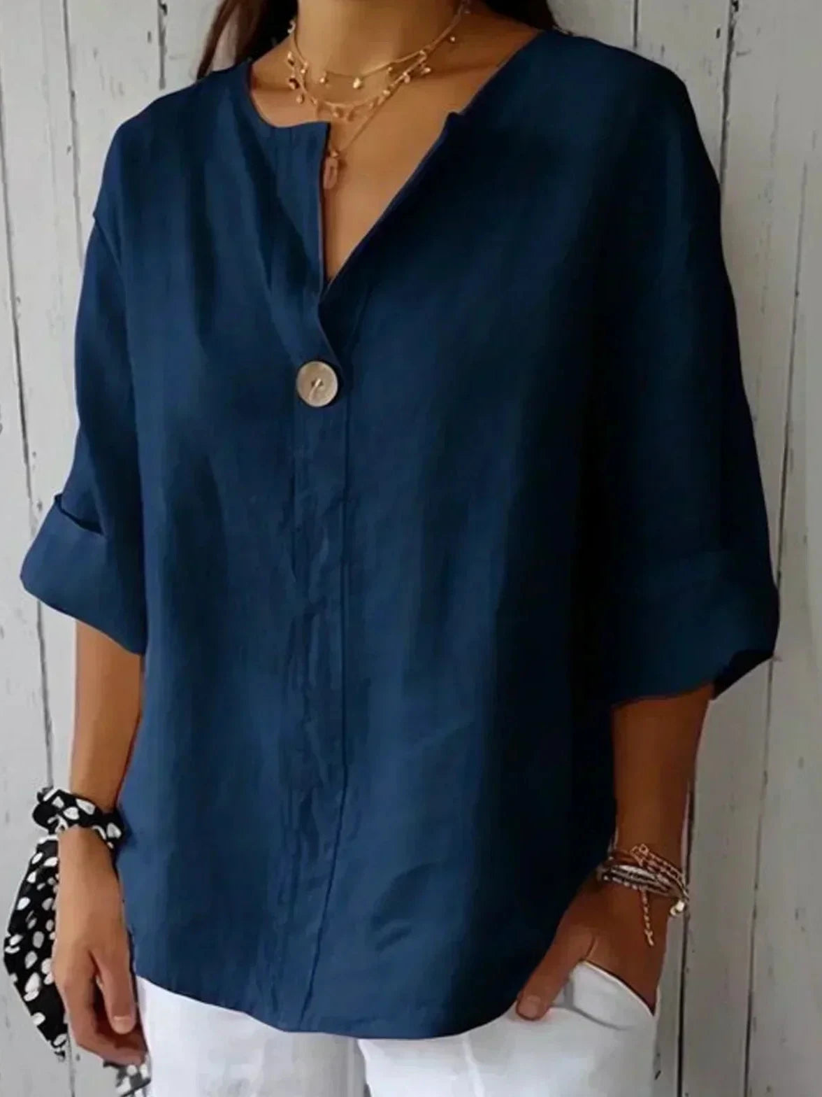 Womens Casual Blouse with V-Neck, 3/4 Sleeves and Linen Look
