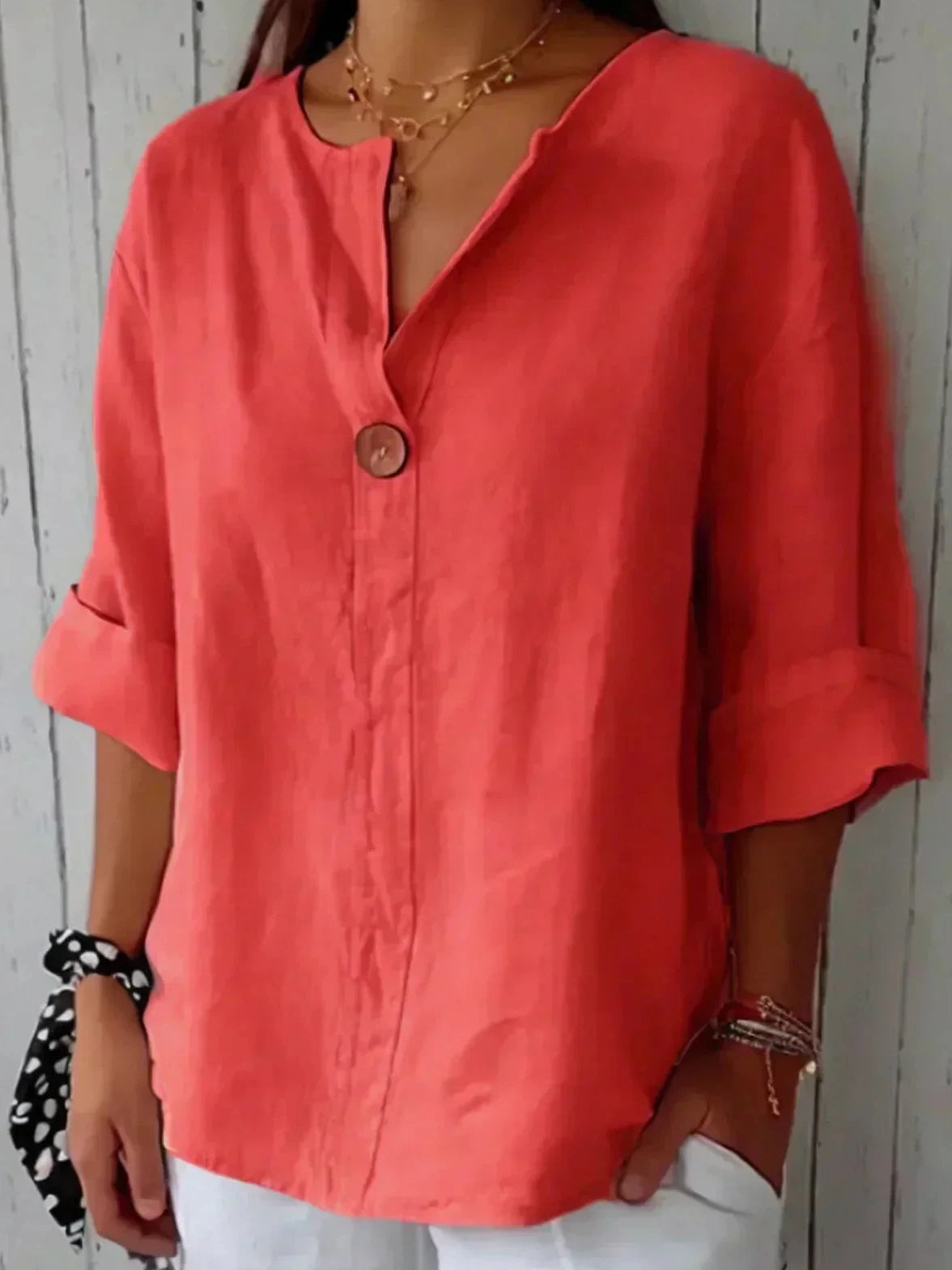 Womens Casual Blouse with V-Neck, 3/4 Sleeves and Linen Look