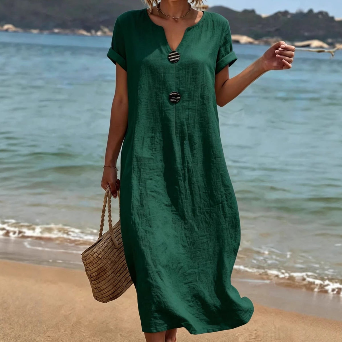 Womens Midi Dress in Cotton Linen with Notch Neck and Button Front