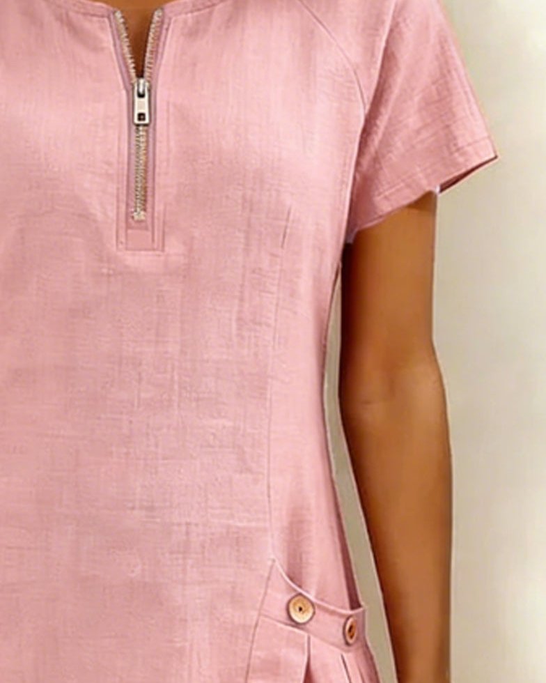 Womens Summer Dress in Linen with Half Zip Neck and Patch Pockets