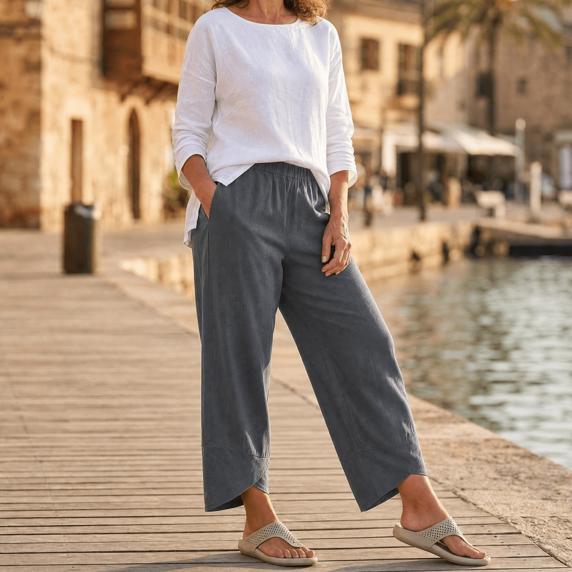 Womens Linen Trousers with Wide Leg, Cropped Length and Pockets