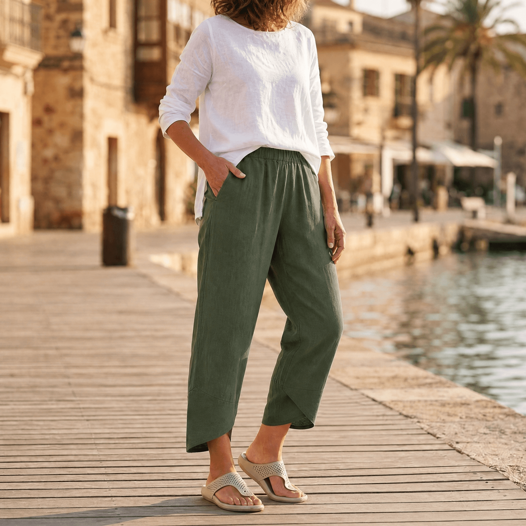 Womens Linen Trousers with Wide Leg, Cropped Length and Pockets