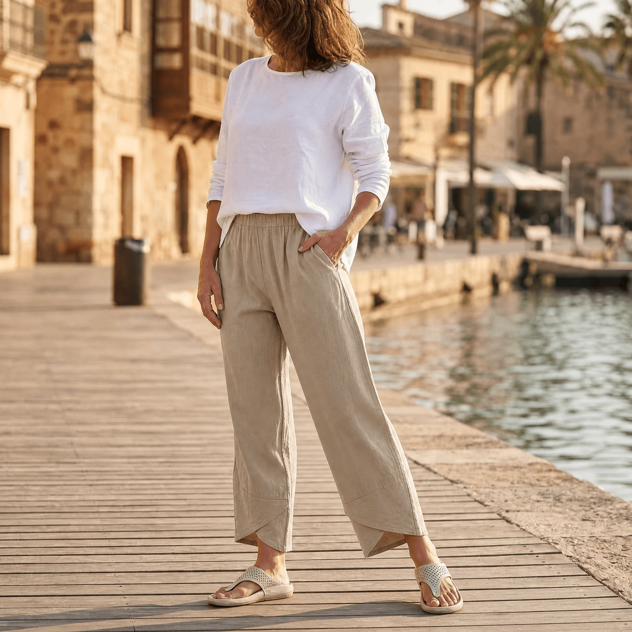Womens Linen Trousers with Wide Leg, Cropped Length and Pockets