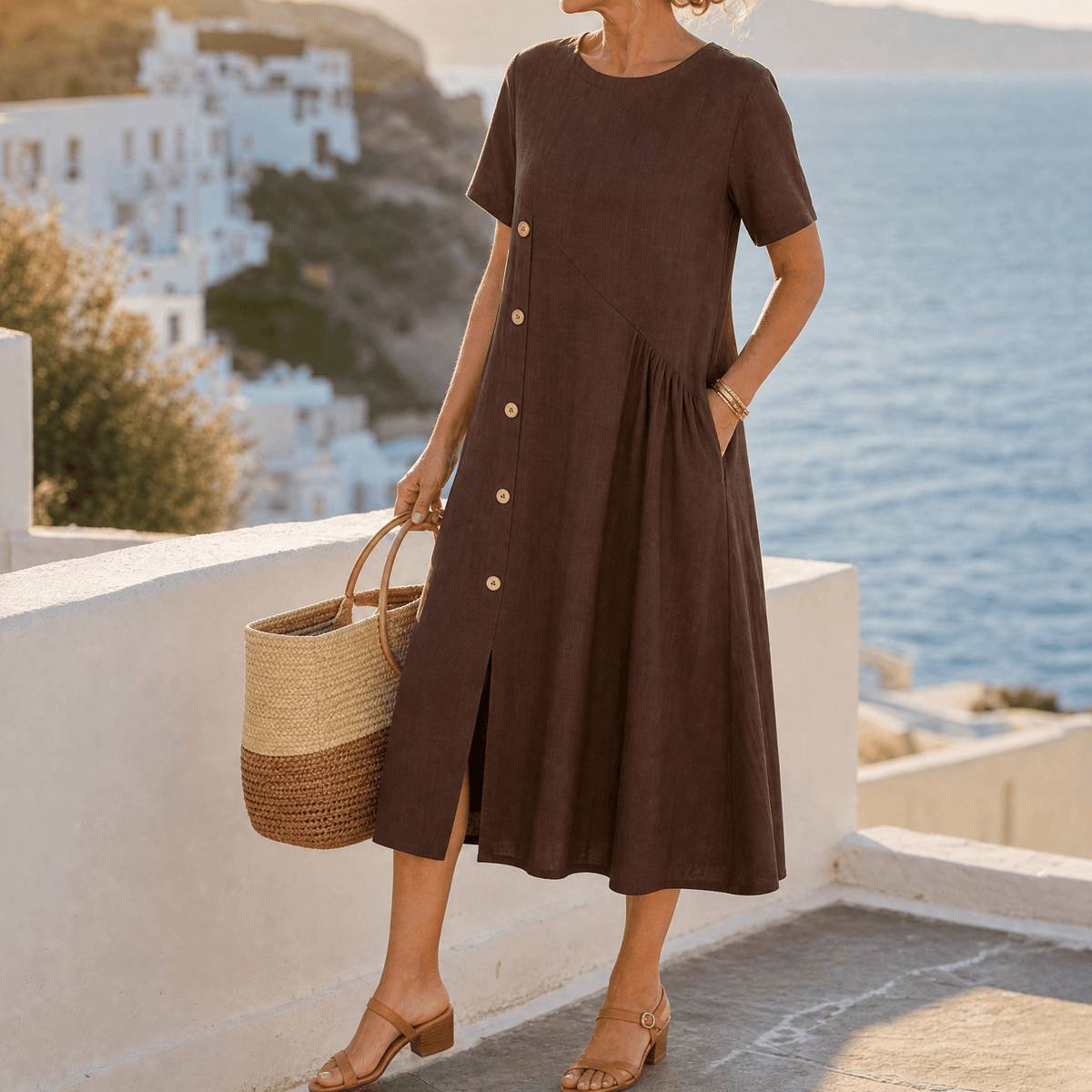 Women's Linen Midi Dress with Asymmetric Button Placket and Pockets