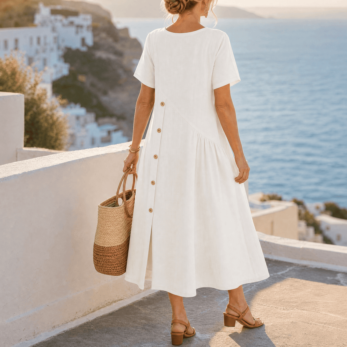 Women's Linen Midi Dress with Asymmetric Button Placket and Pockets
