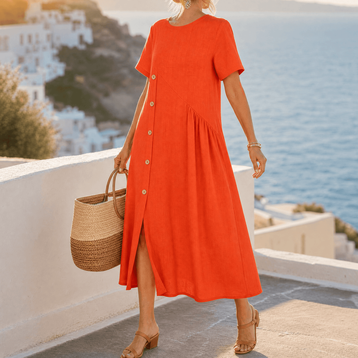 Women's Linen Midi Dress with Asymmetric Button Placket and Pockets