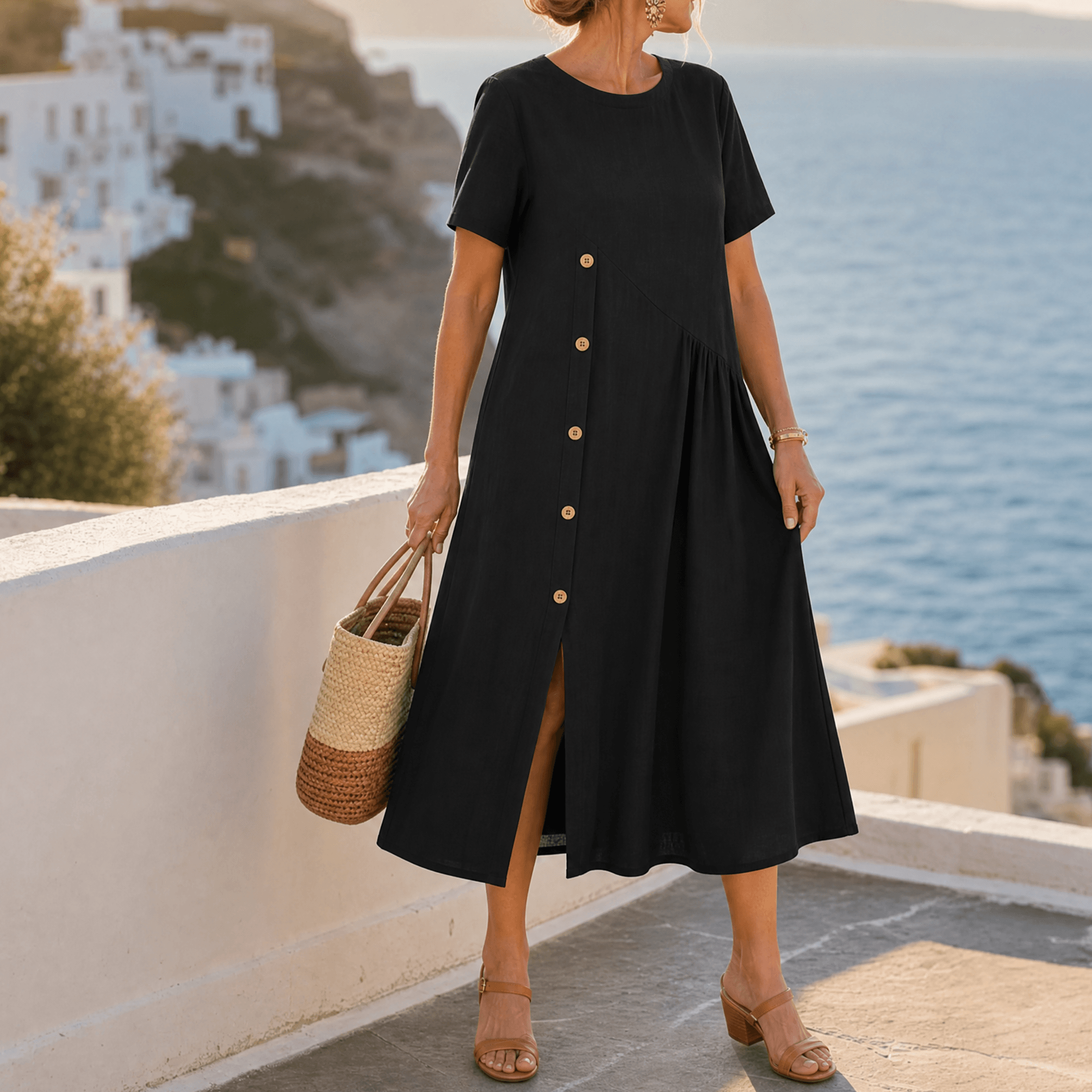 Women's Linen Midi Dress with Asymmetric Button Placket and Pockets