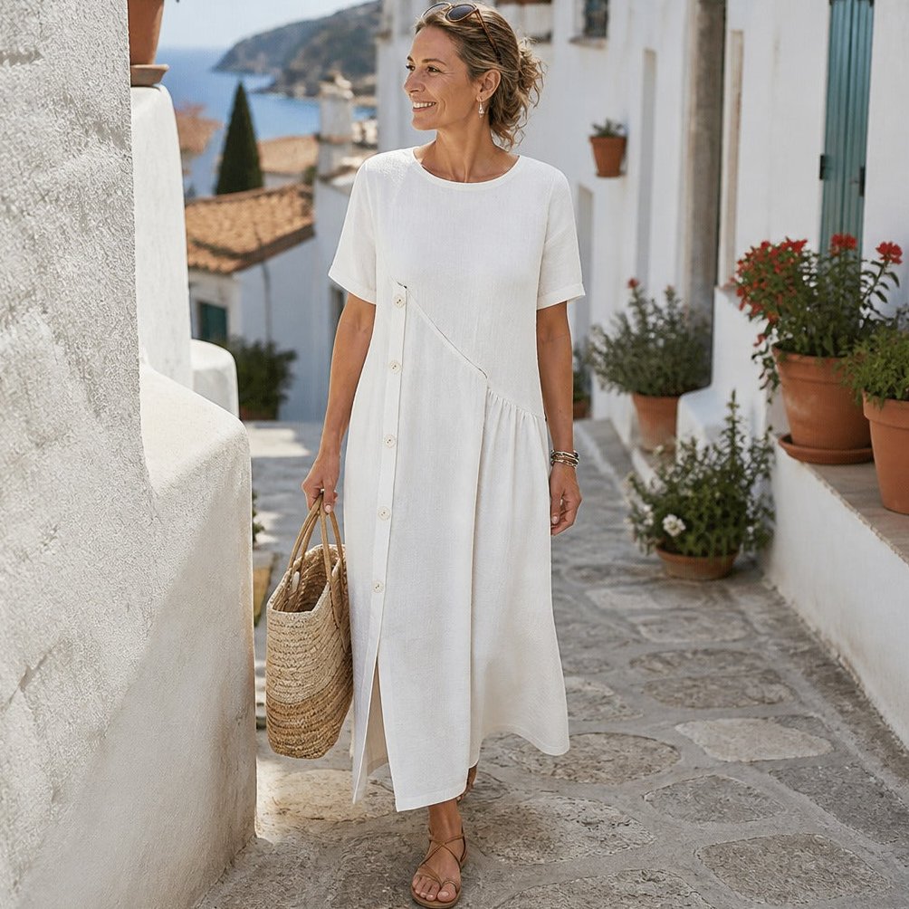 Women's Linen Midi Dress with Asymmetric Button Placket and Pockets