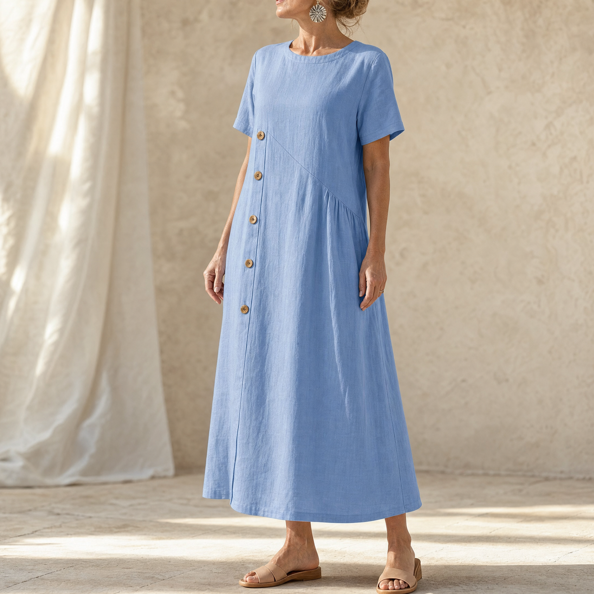 Women's Linen Midi Dress with Asymmetric Button Placket and Pockets