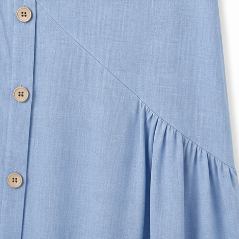 Women's Linen Midi Dress with Asymmetric Button Placket and Pockets