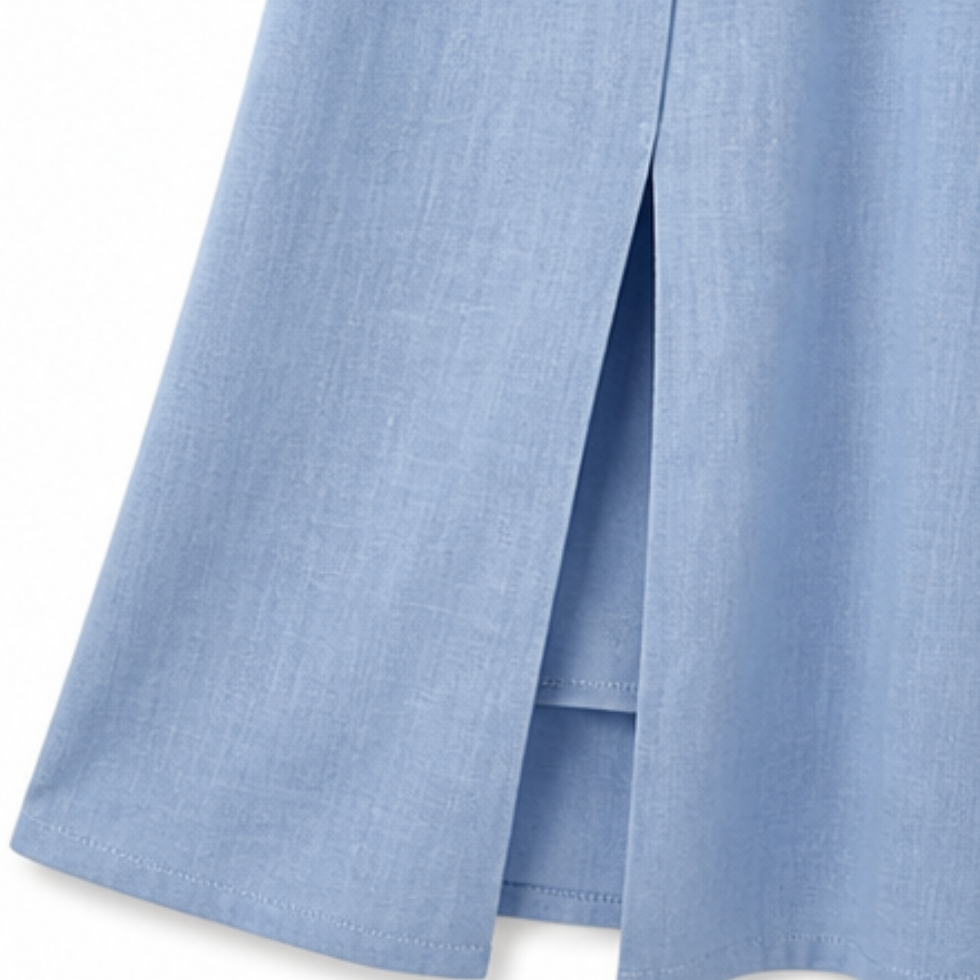 Women's Linen Midi Dress with Asymmetric Button Placket and Pockets