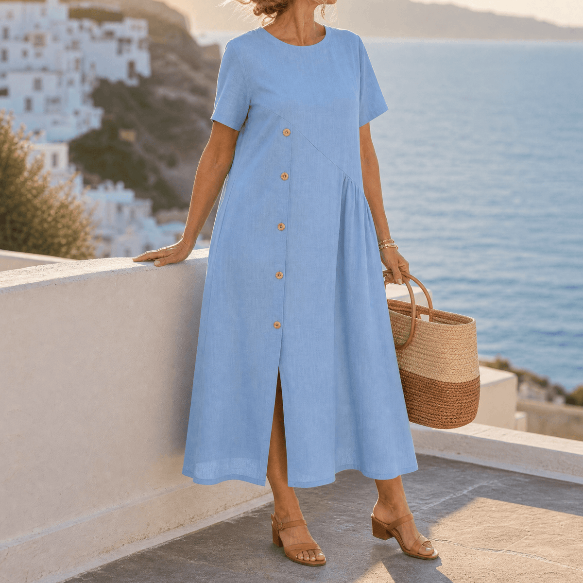 Women's Linen Midi Dress with Asymmetric Button Placket and Pockets