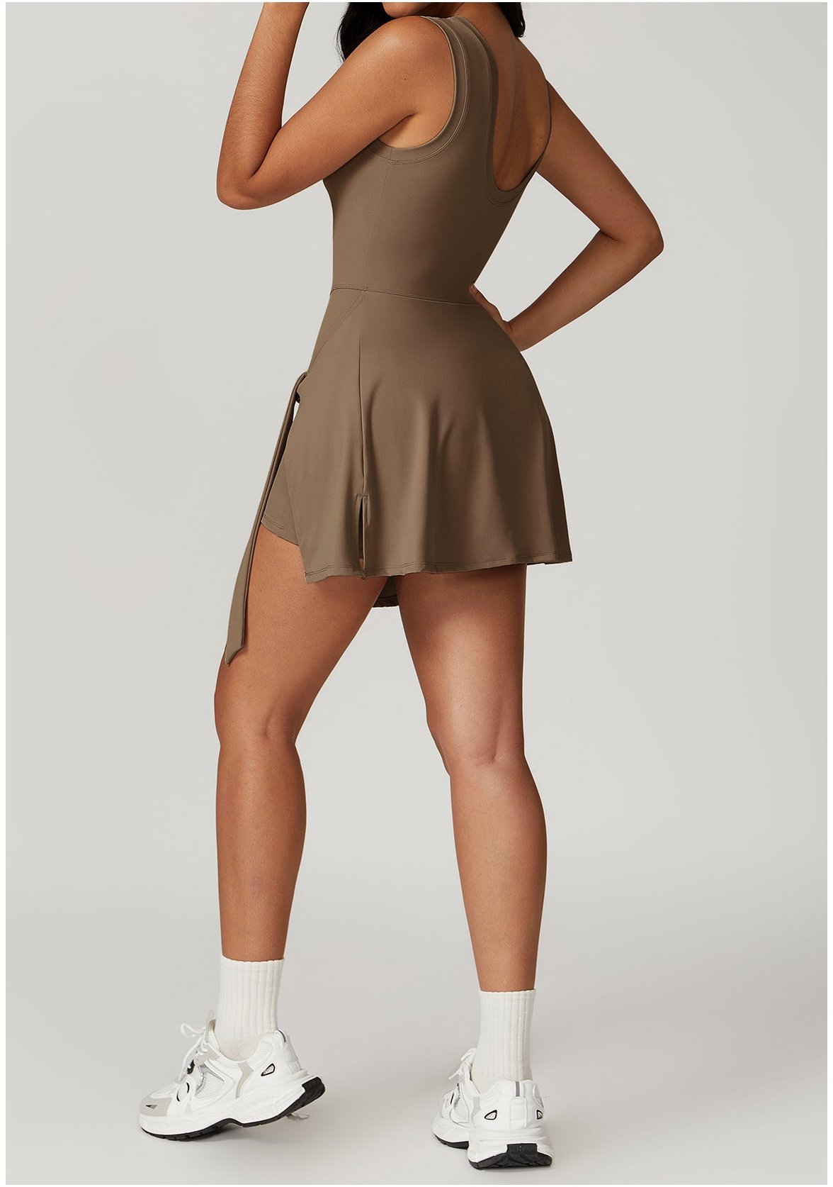 Women's Sleeveless Stretch Nylon Mini Dress with Wrap Waist and Shorts