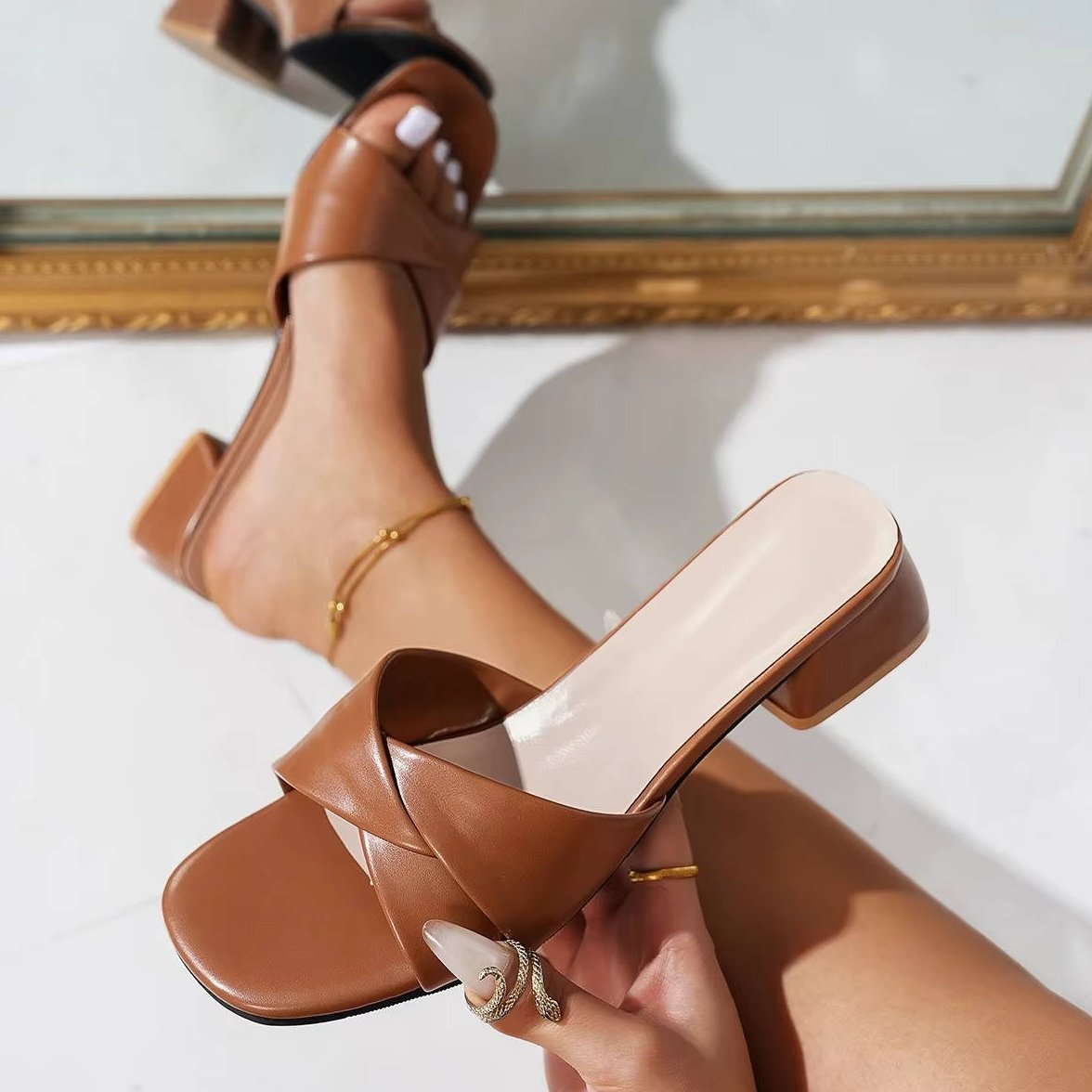 Womens Summer Sandals with Twisted PU Strap and Low Block Heel