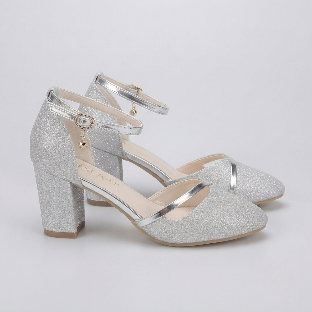 Women's Glitter Block Heel Sandals with Ankle Strap and Buckle