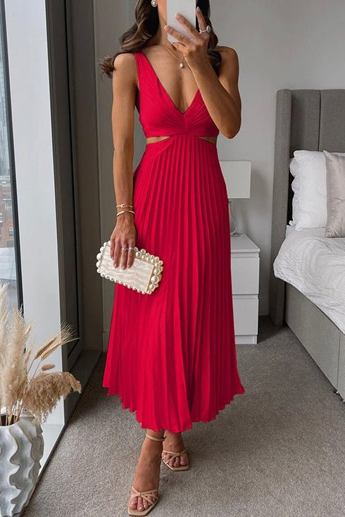Women's Pleated Midi Dress with V-Neck and Waist Cut-Outs
