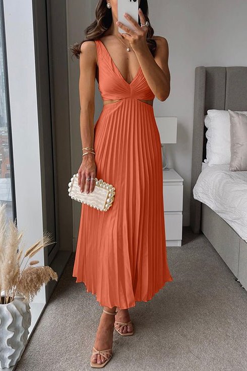 Women's Pleated Midi Dress with V-Neck and Waist Cut-Outs