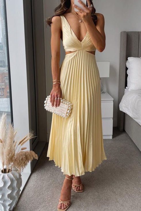Women's Pleated Midi Dress with V-Neck and Waist Cut-Outs