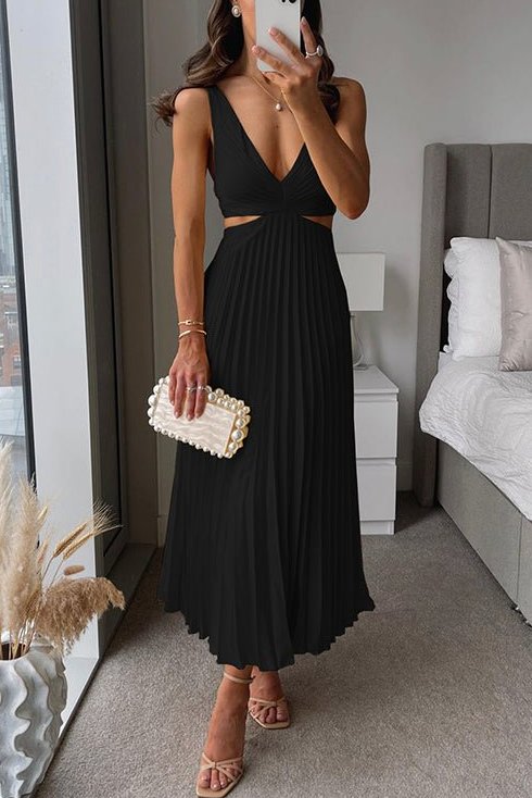 Women's Pleated Midi Dress with V-Neck and Waist Cut-Outs