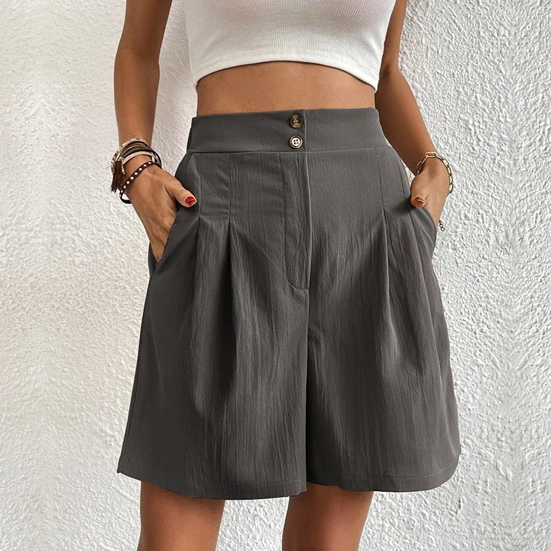 Womens High Waisted Shorts with Pleated Wide Leg in Woven Fabric