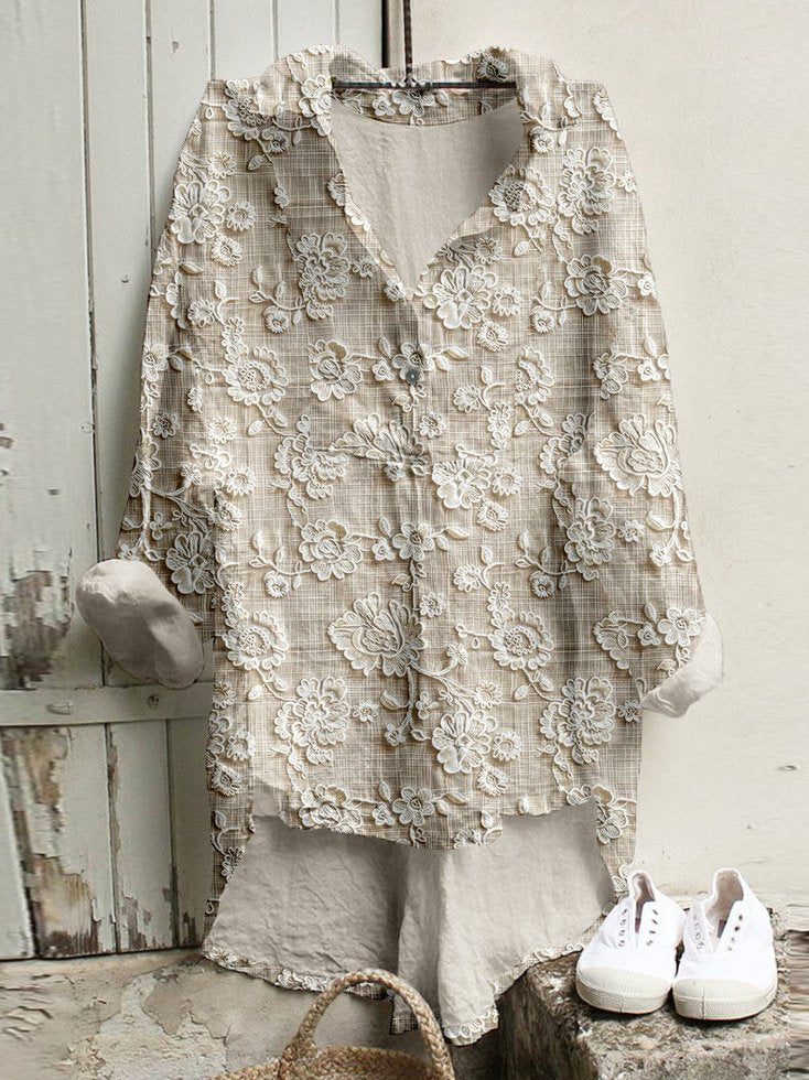 Womens Draped Top with Floral Embroidery and Button Front in Khaki