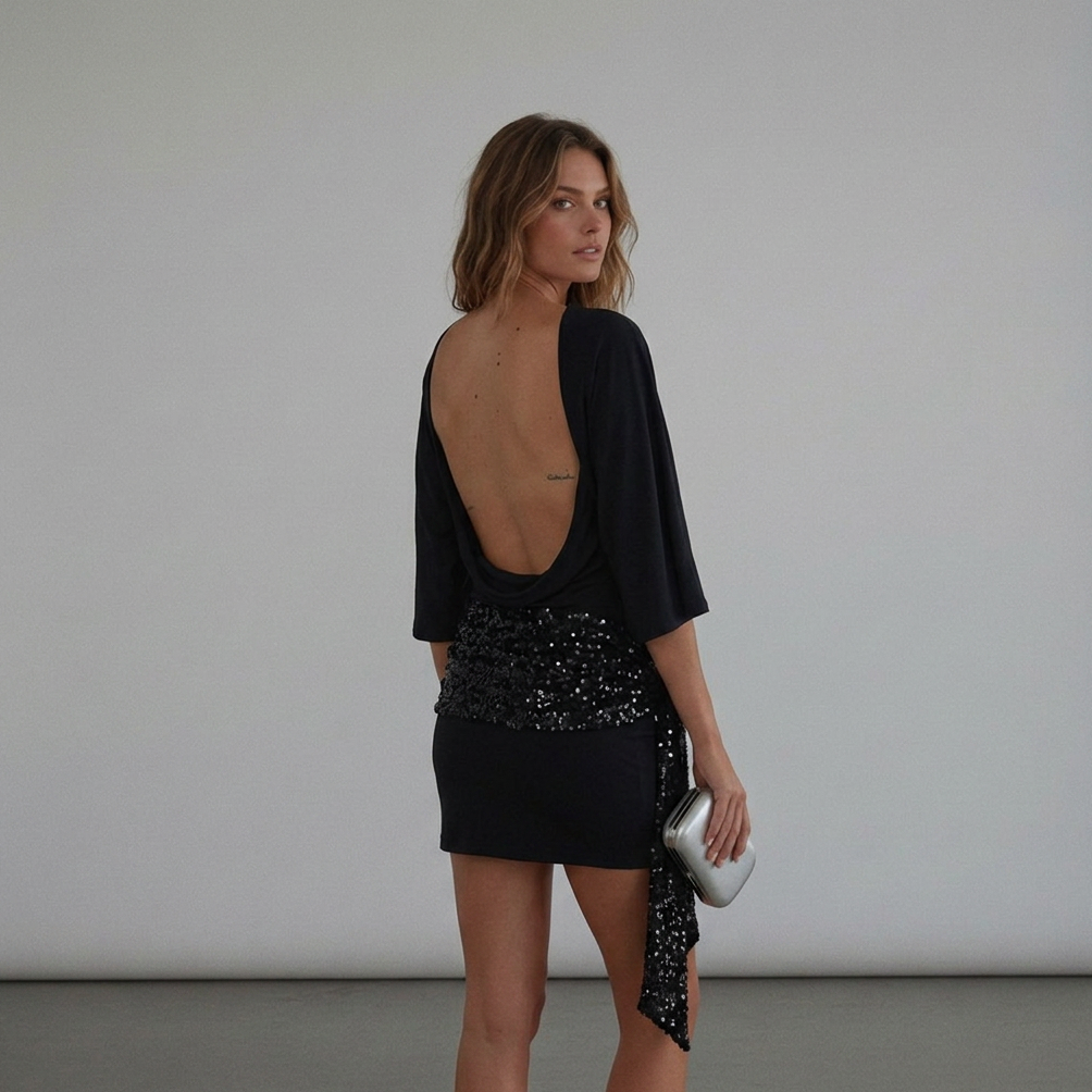 Women's Mini Dress with Sequin Sash and Draped Hip Detail
