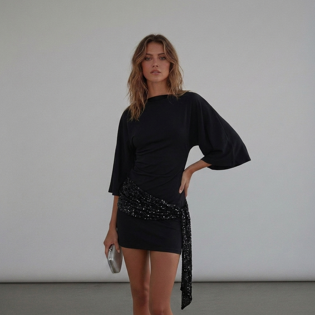 Women's Mini Dress with Sequin Sash and Draped Hip Detail