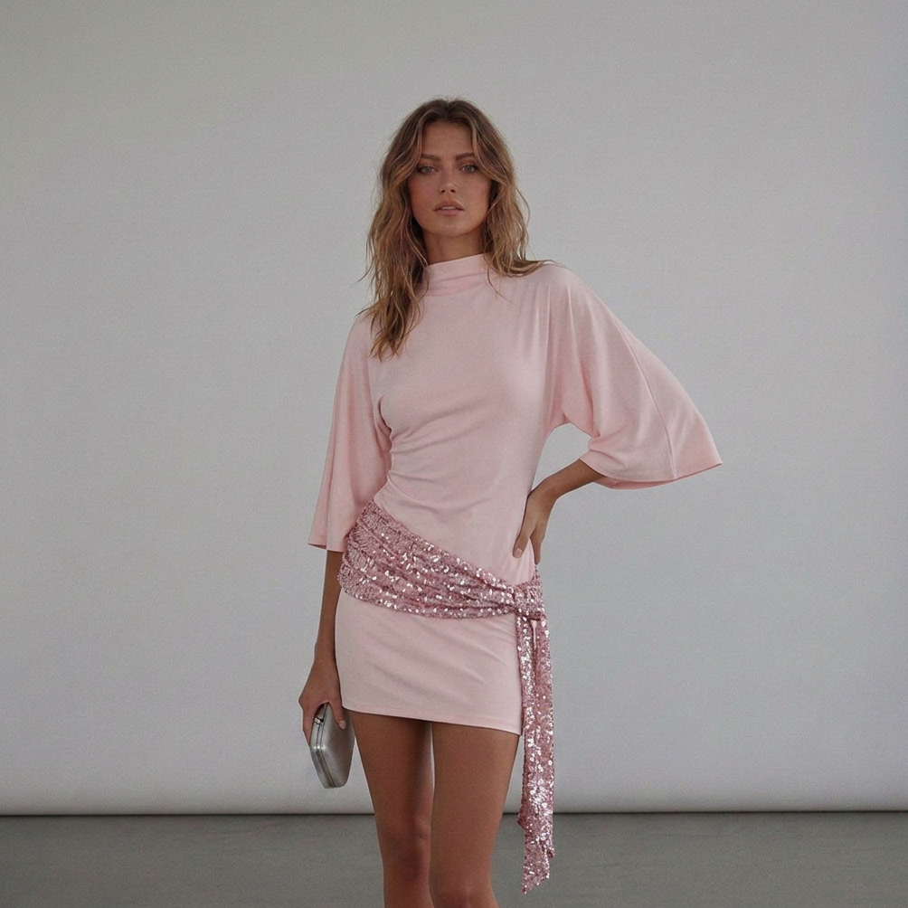 Women's Mini Dress with Sequin Sash and Draped Hip Detail