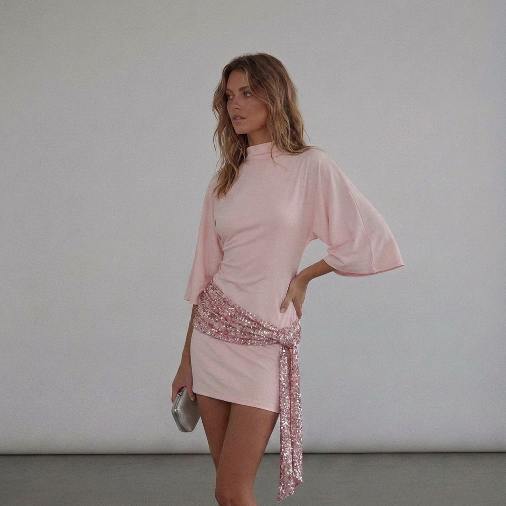Women's Mini Dress with Sequin Sash and Draped Hip Detail