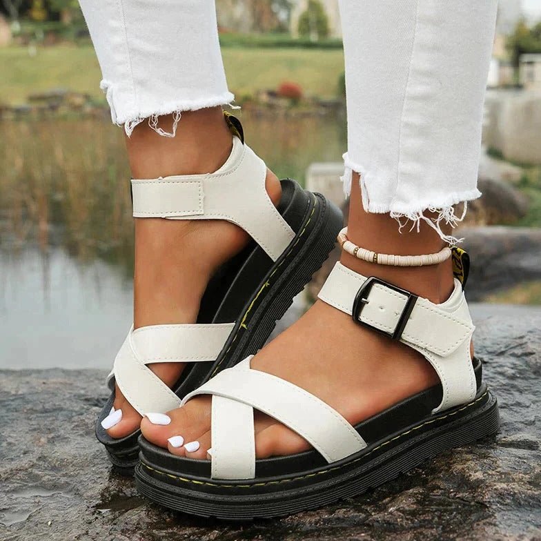 Womens Summer Sandals with Cross Straps and Buckle in a Leather Look