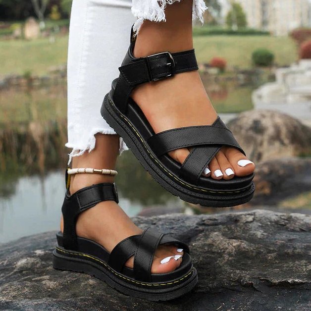 Womens Summer Sandals with Cross Straps and Buckle in a Leather Look