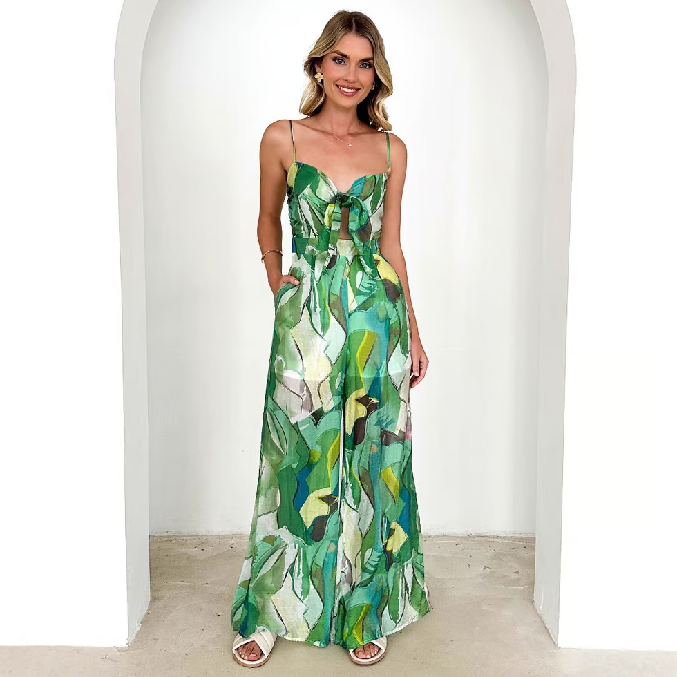 Womens Maxi Dress in Abstract Print with Wide Legs and Tie Front
