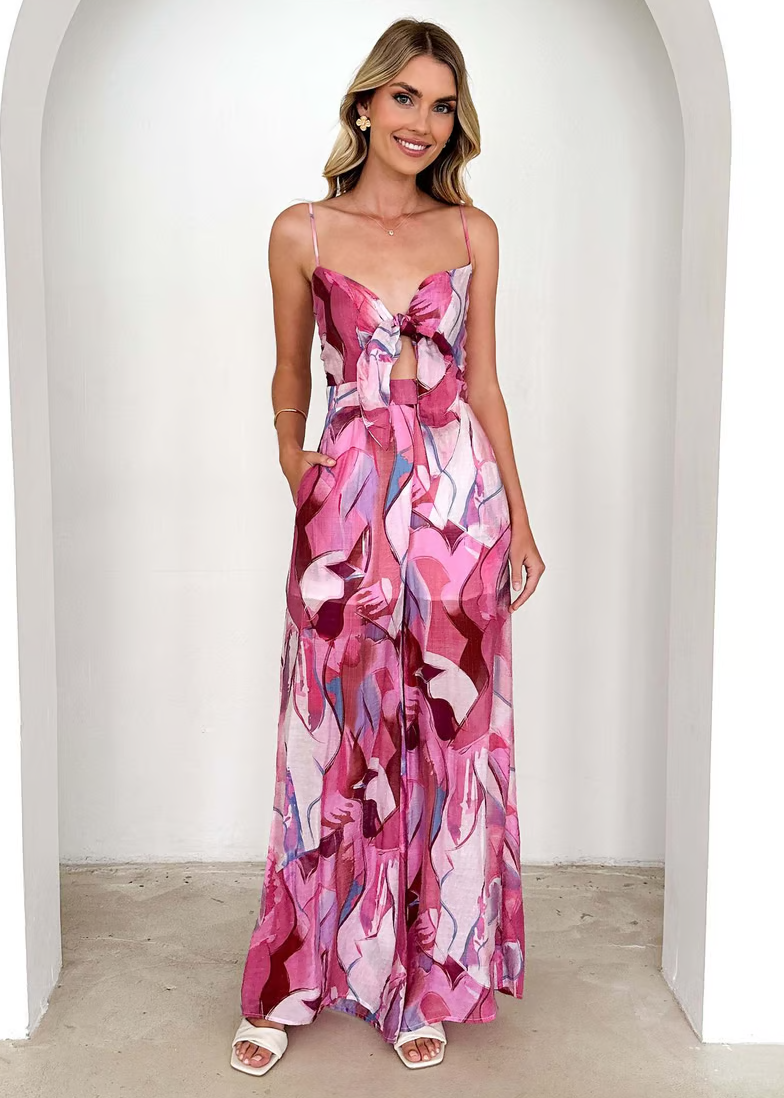 Womens Maxi Dress in Abstract Print with Wide Legs and Tie Front