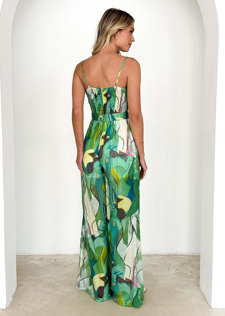 Womens Maxi Dress in Abstract Print with Wide Legs and Tie Front