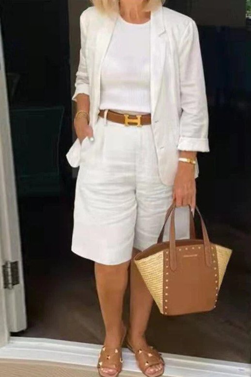 Womens Blazer Set with Knee Length Bermuda Shorts and High Waist