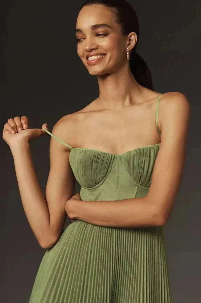 Maxi Bustier Dress with Pleated Tulle-Look Skirt