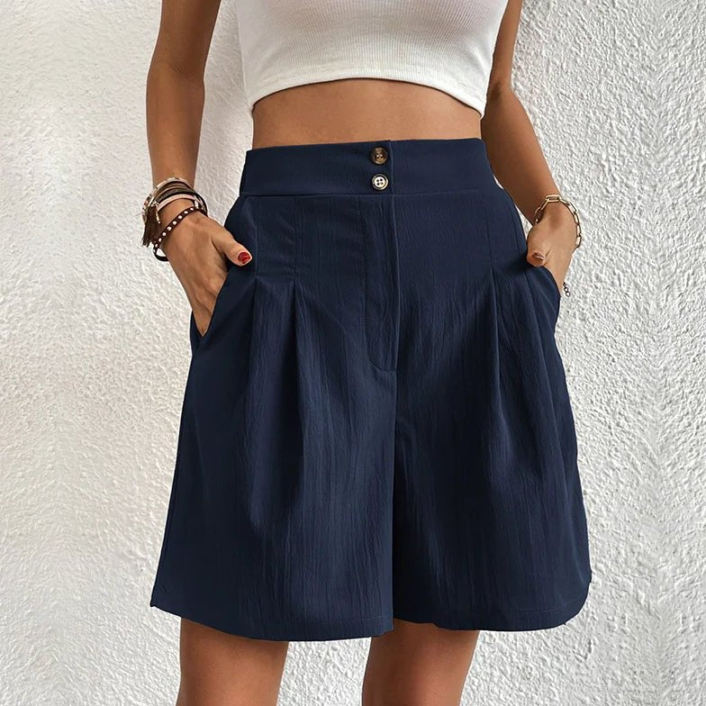 Womens High Waisted Shorts with Pleated Wide Leg in Woven Fabric