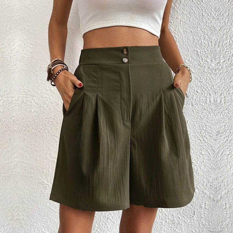 Womens High Waisted Shorts with Pleated Wide Leg in Woven Fabric