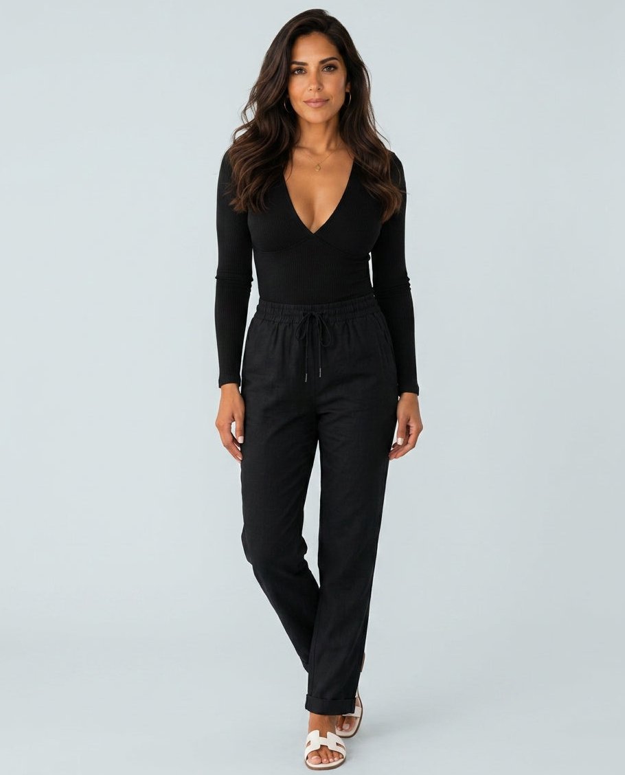 Womens Linen Trousers with Elastic Waist, Straight Leg and Rolled Hem