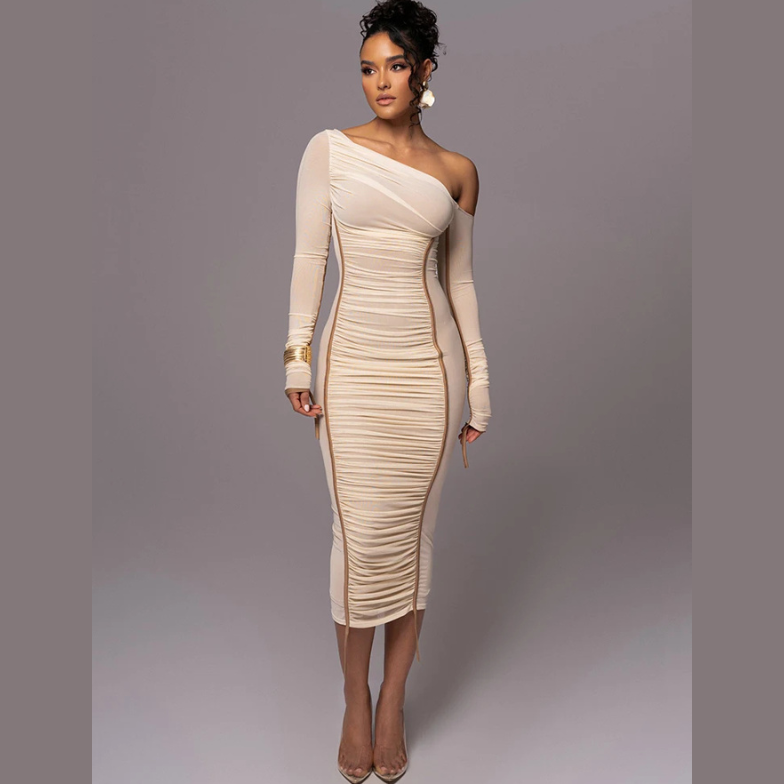 Midi Dress with One Shoulder Cutout and Ruched Bodycon Fit