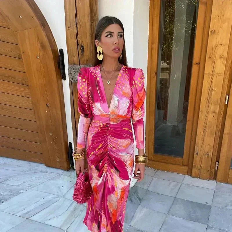 Maxi Sundress in Pink with Puff Sleeves and Ruched Front for Women
