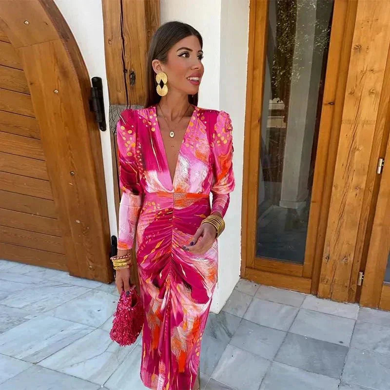 Maxi Sundress in Pink with Puff Sleeves and Ruched Front for Women