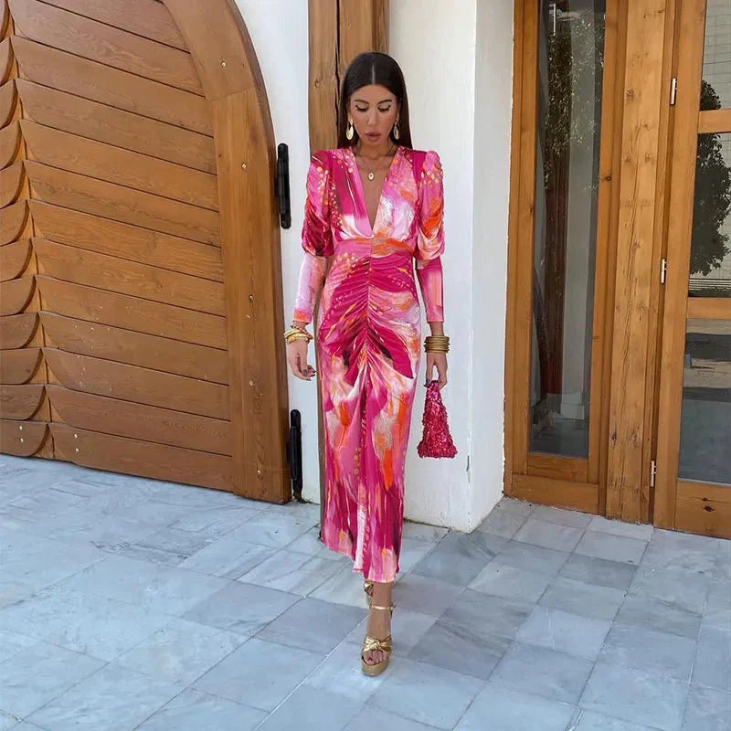 Maxi Sundress in Pink with Puff Sleeves and Ruched Front for Women