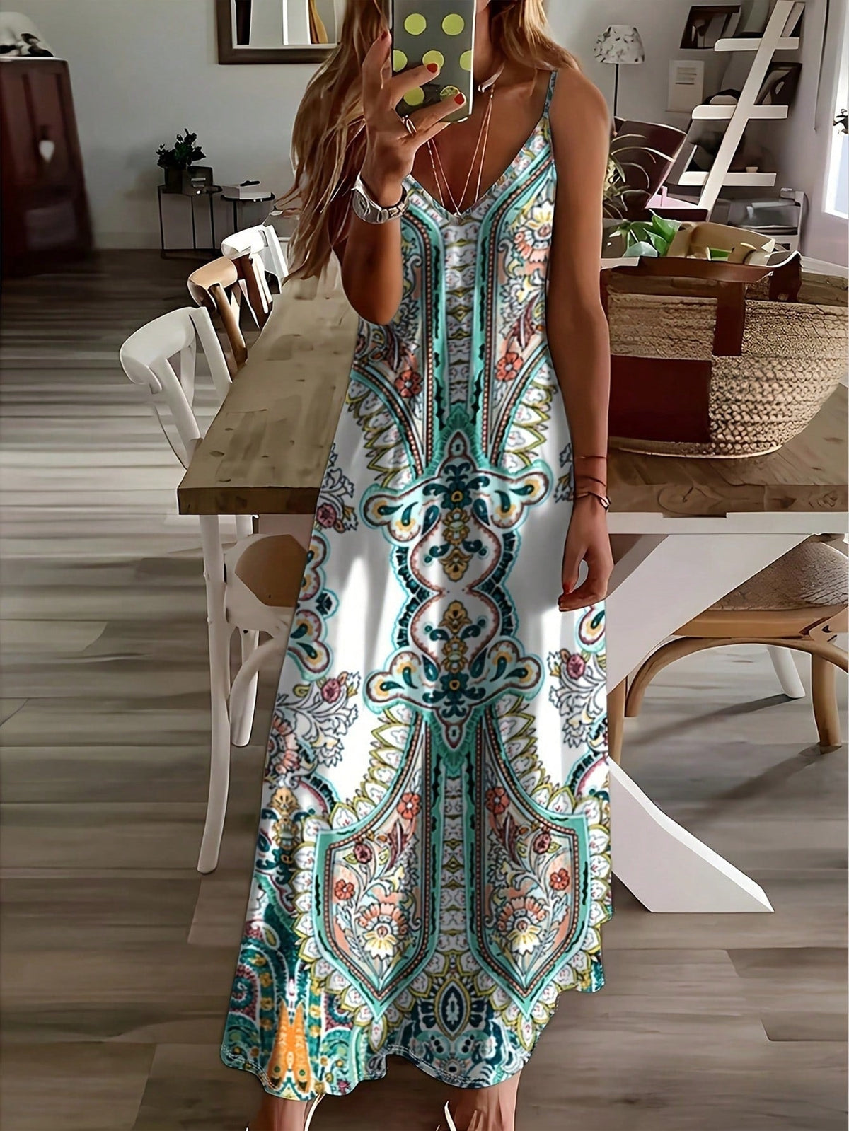 Maxi Sundress with Mandala Print and V-Neck for Women