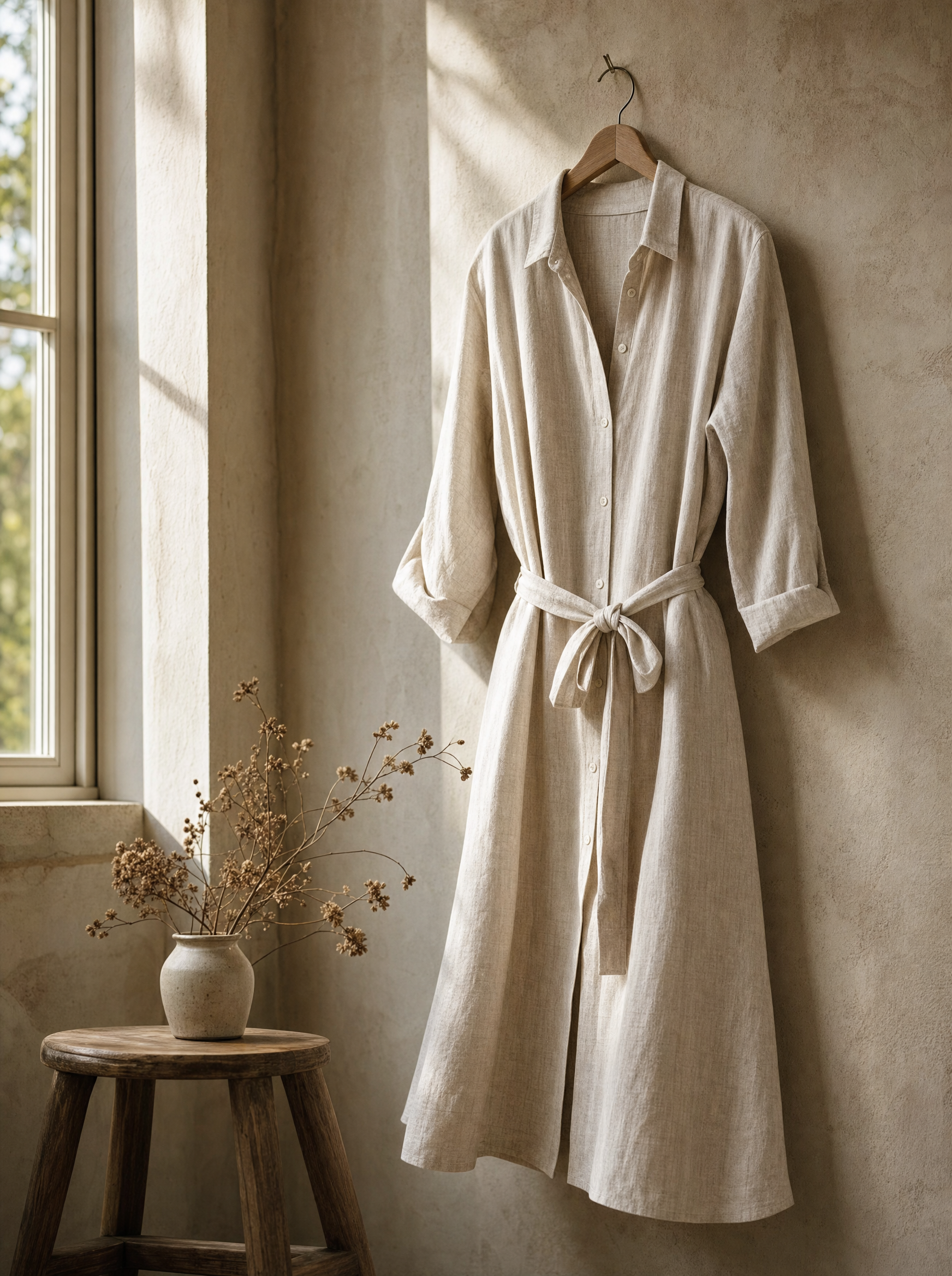 Hands adjusting the cuff of a cream linen shirt dress in warm window light